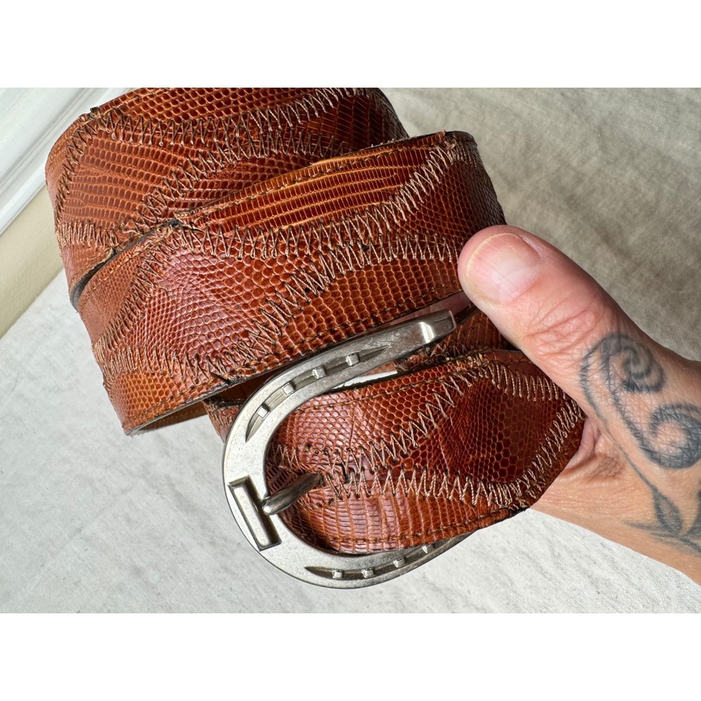 Dan Post Mens Lizard Skin Western Belt Cognac Brown Horseshoe Buckle Sz 38